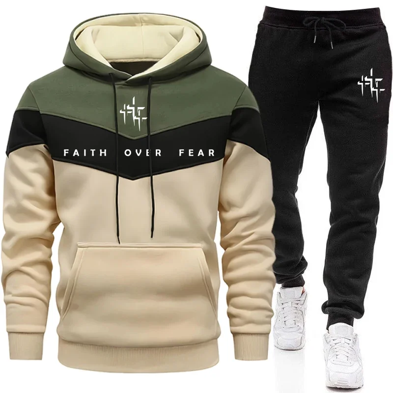 Street Fashion Male - Faith Over Fear メンズ トラックスーツ フード付きスウェットシャツとジョガーパンツ
