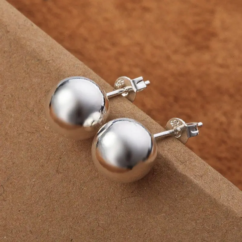 Street Fashion Earrings - 925 スターリングシルバークラシック 8 ミリメートル 10 ミリメートルビーズスタッドピアス女性のファッションクリスマスギフトストリートオールマッチパーティージュエリー