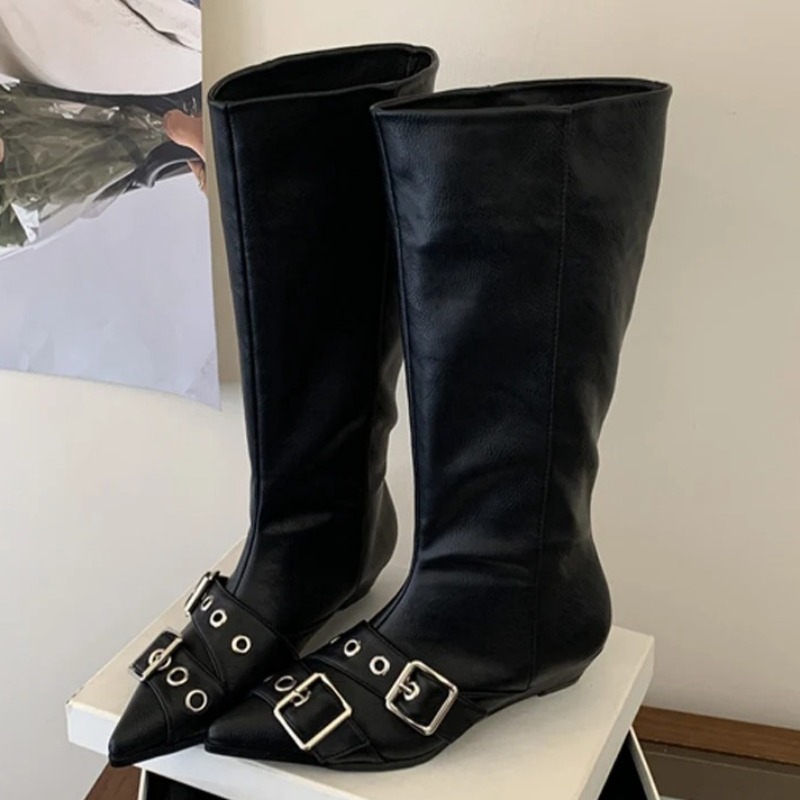 Street Fashion Dress - ユニークな金属バックル装飾付きミドル丈ブーツ、女性用ファッションポインテッドトゥプラットフォームブーツ、高品質ソフトレザーPUドレスブーツ