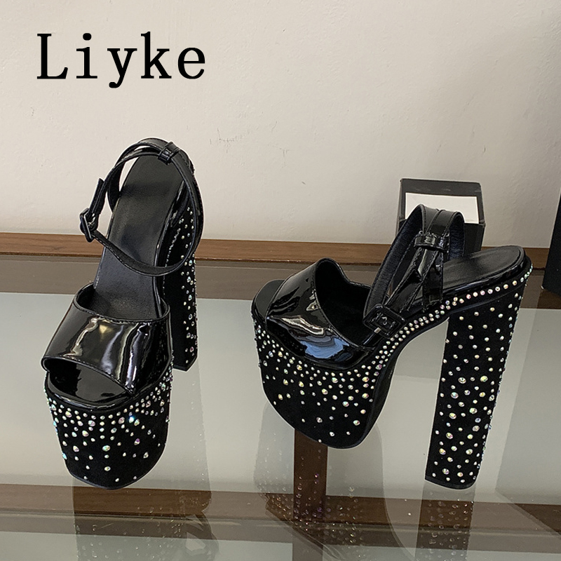 Street Fashion Women - Liyke ファッションクリスタルラインストーン厚いハイヒールチャンキープラットフォームサンダル女性オープントゥ結婚式宴会靴 Zapatos De Mujer