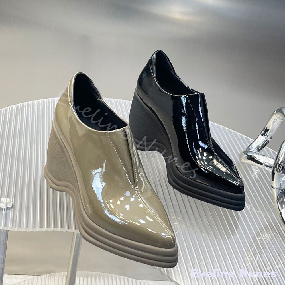 Street Fashion Dress - パテントレザーVカットポインテッドトゥウェッジパンプス レディース マルチレイヤーウェーブプラットフォーム スリッポン ハイヒール Y2K