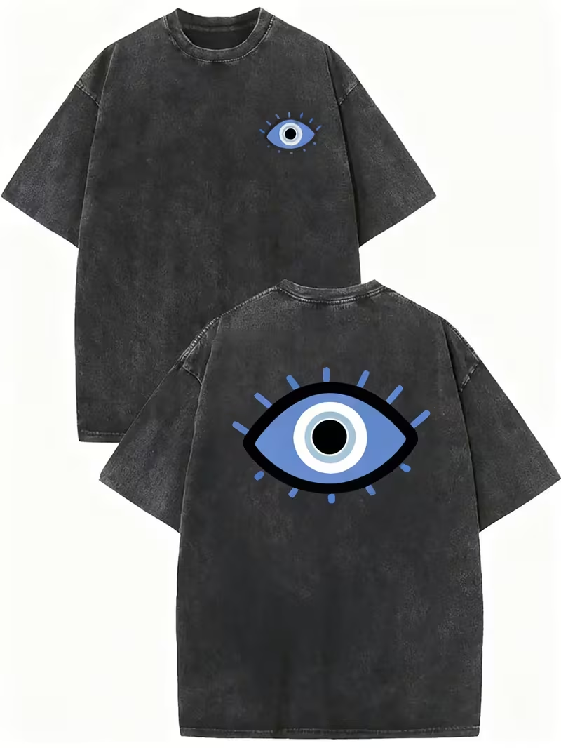 Street Style Fashion Quotes - ブルーイービルアイネガティブエナジー引用文字グラフィックTシャツ、レトロウォッシュドクルーネックカジュアル半袖デイリーストリートスタイルトップ