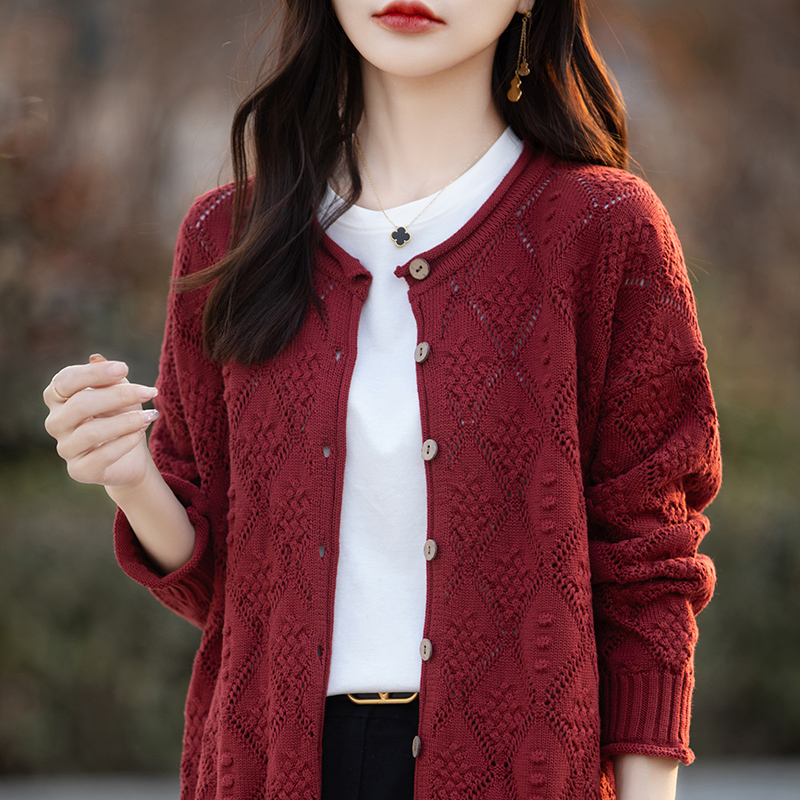 Street Fashion China Models - 2024年ファッションモデル女性ニットウェア100%コットンカーディガンOネック長袖中空装飾ルーズフィットカーディガン服トップス