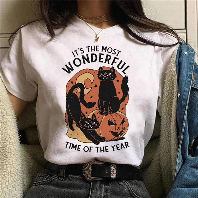 Street Fashion Asian - 女性のための漫画のハロウィーンの猫のプリントTシャツ,通気性のある綿のTシャツ,半袖トップ,レトロなストリートファッション,夏