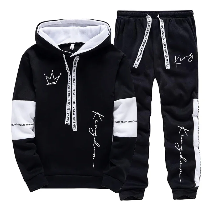Street Fashion Male - 都会的なカジュアルファッションスポーツウェア男性用ホームアウトドアトレンドフーディーアウトフィットKINGレタープリントメンズセットフード付きスウェットシャツスウェットパンツ