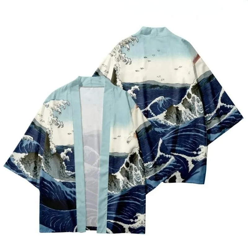 Street Fashion Kimono - ファッショナブルな波模様プリントの伝統的な着物風ストリートウェアビーチカーディガン浴衣カジュアルロールプレイトップ