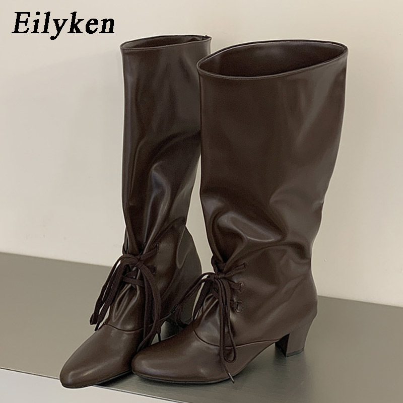 Street Fashion Lady - Eilyken 冬のファッションレースアップ女性ニーハイモダンブーツラウンドトゥスクエアヒールレディースロングブーツ靴 Zapatos De Mujer