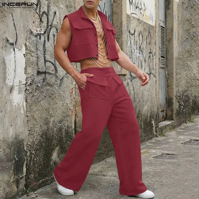 Street Fashion Male - INCERUN 男性セット固体ノースリーブクロップトップスシャツパンツ 2 ピースセットストリートルーズ 2026 ファッションメンズマッチングセットトラックスーツ