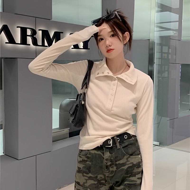 Street Fashion China Girl - レディースファッション スリム 長袖シャツ ボタン 無地 セクシー