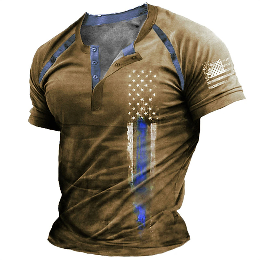 Street Fashion Male - 面白い 3D アメリカ国旗プリントメンズヘンリーシャツファッションヘンリーカラー半袖トップス夏ストリートヴィンテージ服カジュアル Tシャツ