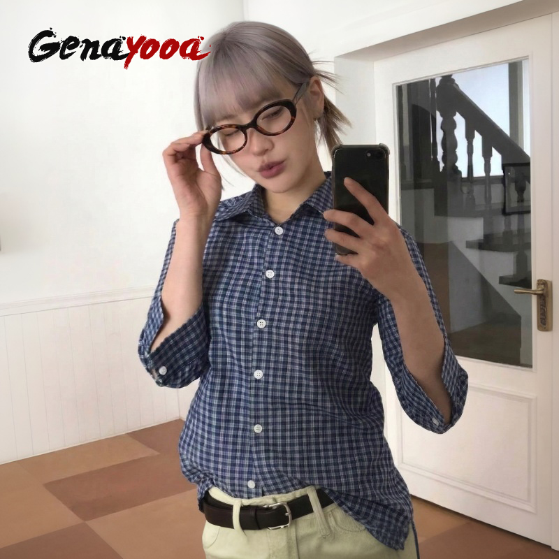 Street Fashion In Japan - Genayooa Y2k チェック柄シャツ女性スリークォーターカジュアルシャツ日本 2000 年代グランジトップスストリート夏シャツ韓国スタイル