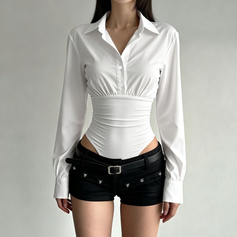 Street Fashion China Girl - 夏のファッション新デザインセンスハイエンドスパイシーガール立体トップシンプルスリムフィット万能長袖ジャンプスーツシャツ