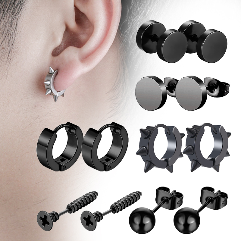Street Fashion Earrings - 6ペアブラックユニセックスイヤリングセットステンレス鋼ピアスフープイヤリングのためのメンズレディースゴシックストリートポップヒップホップサークルイヤリング