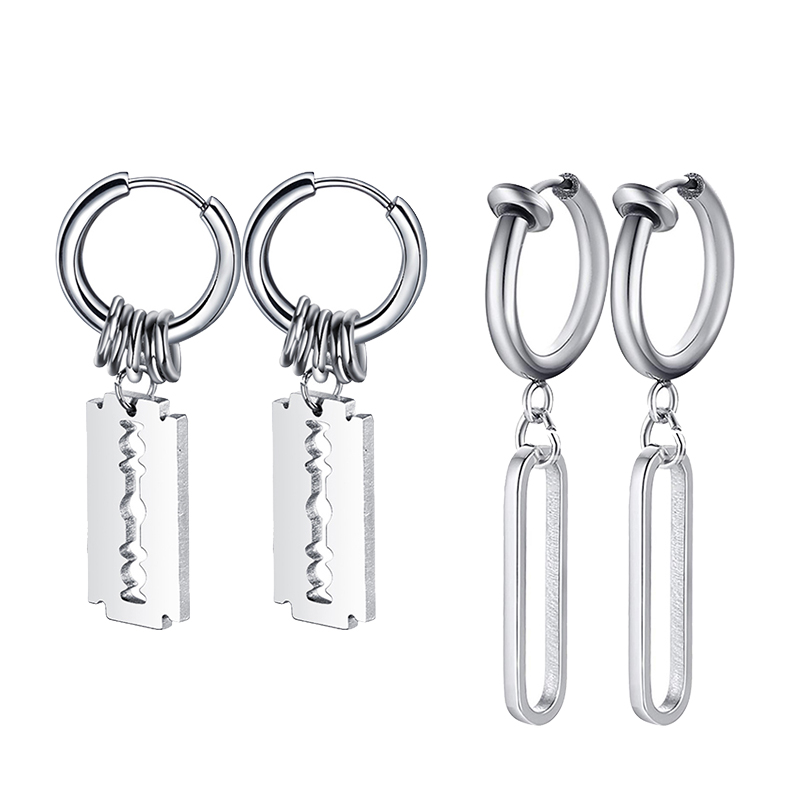 Street Fashion Earrings - 男性と女性のためのヴィンテージのステンレス鋼の刃のイヤリング,中空のドロップピアス,パンクスタイル,ヒップホップスタイル