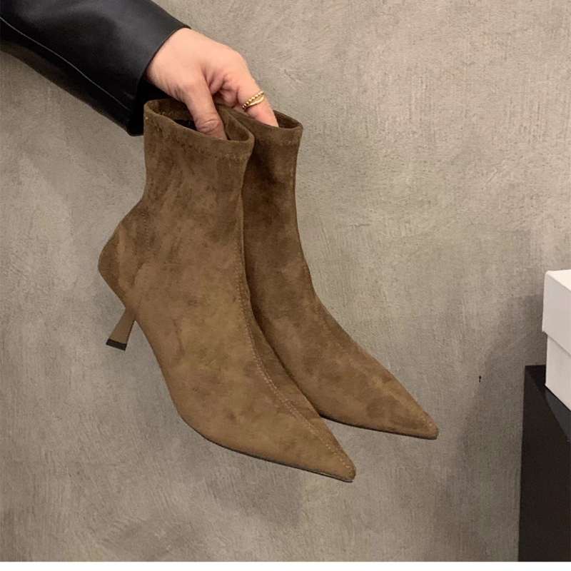 Street Fashion Dress - 女性のスエードストレッチアンクルブーツポインテッドトゥ薄いスティレットヒールソックブーツスリッポンエレガントなパーティードレスシューズファッションフットウェア