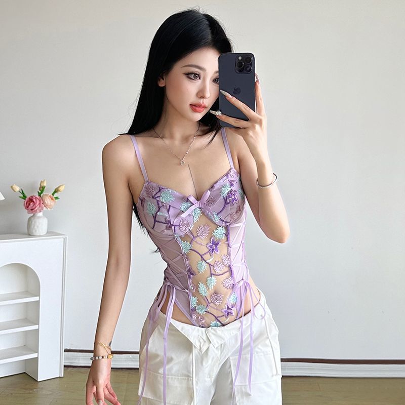 Street Fashion China Girl - 2026年夏ファッション新作 レディース エレガントレースキャミソールジャンプスーツ 刺繍入りスリムフィット ウエストシェイプ ホットガールボディスーツ