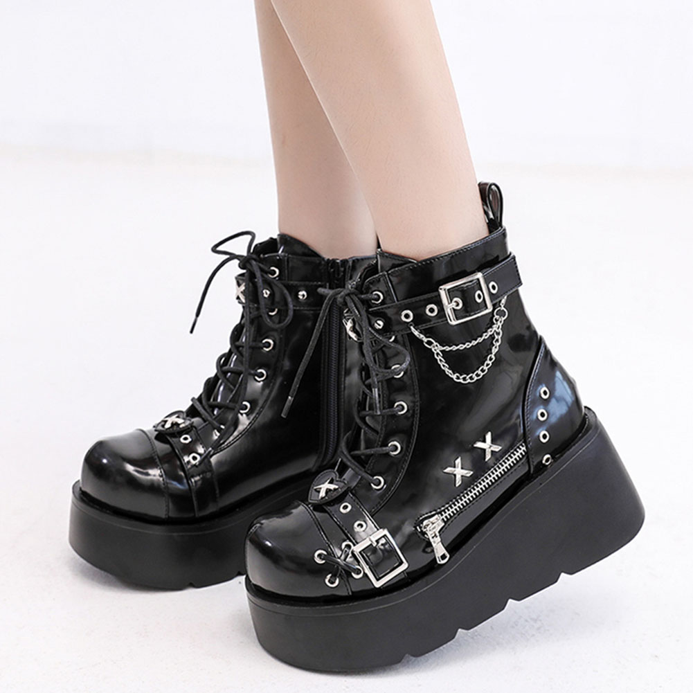 Street Fashion Lady - 新品レディースゴスプラットフォームアンクルブーツファッションバックルジップリベットパンクウェッジハイヒールレディースブーツパーティーストリート女性用シューズ