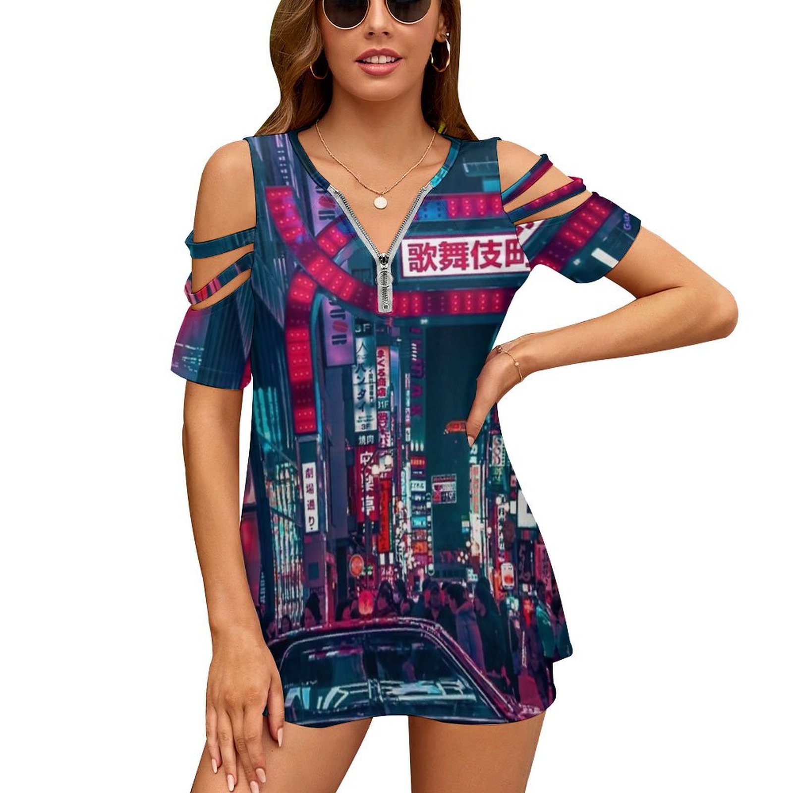 Street Fashion In Tokyo - 女性用東京ストリートプリントTシャツ,半袖,Vネック,ジッパー,カジュアル,ラージサイズ,日本,未来,ファッション