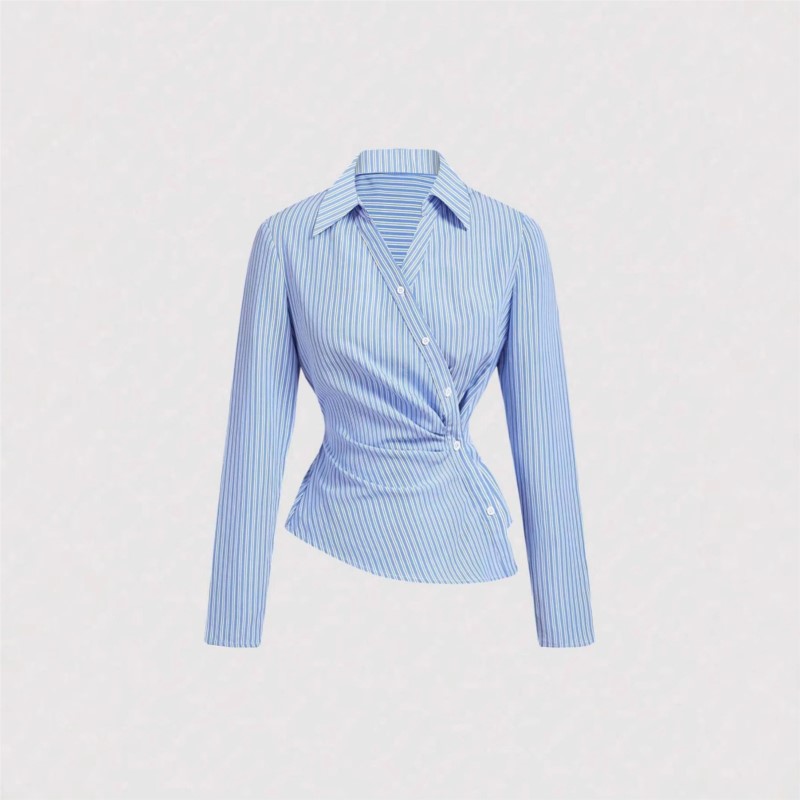 Street Fashion China Girl - ファッションストライプシャツ女性のためのカジュアル長袖 V ネックボタンシャツトップス婦人服オフィスハイストリート服春