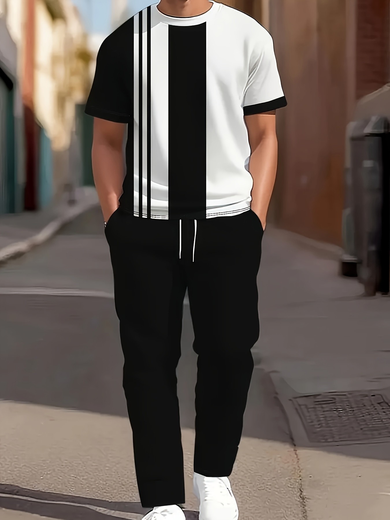 Street Fashion Male - 2026年夏新作メンズ半袖長ズボンセット - ストリートカジュアルファッション 快適なソフト3Dストライプ柄プリント