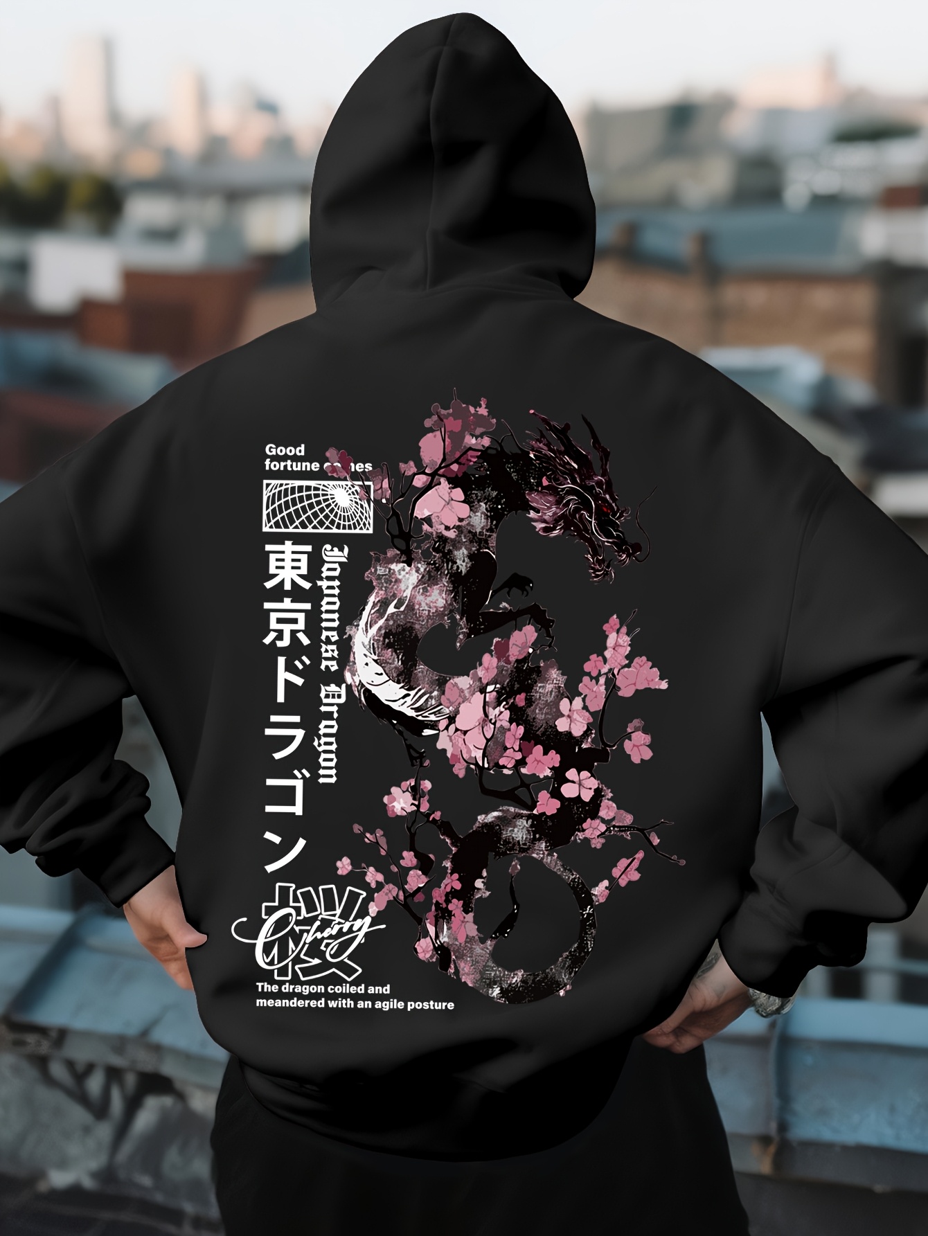 Street Fashion Asian - メンズヒップホップスポーツパーカー美的日本龍桜柄プリントレトロアジアンストリートカジュアルファッションパーカー