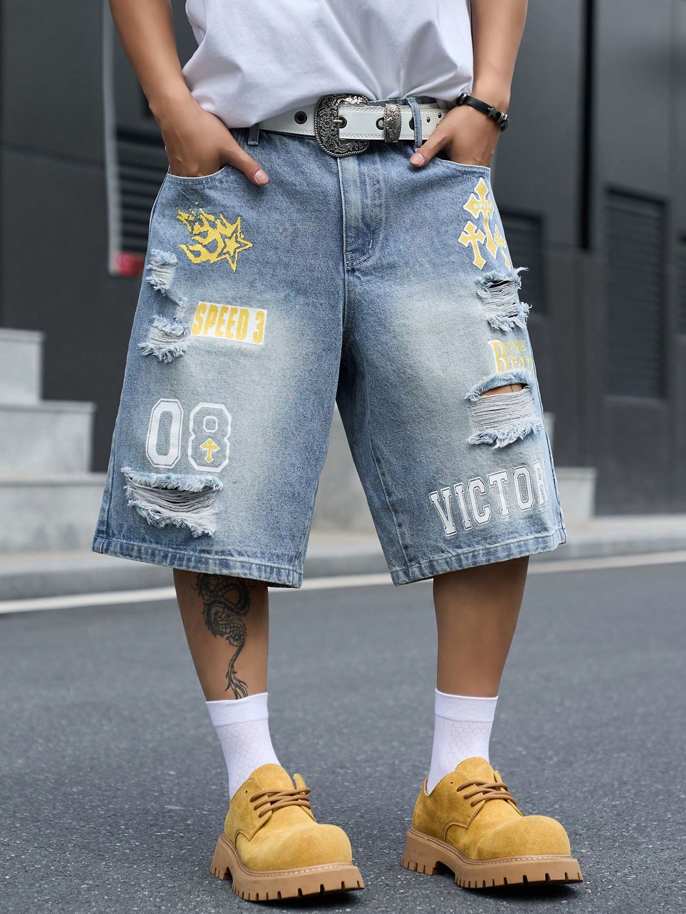 Street Fashion Types - メンズ ルーズフィット デニム バミューダ ショーツ、ヴィンテージ ダメージ加工