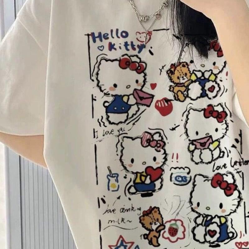 Street Fashion Women - 半袖サマーハローキティグラフィティプリントTシャツ レディース コットン Y2K キュートな漫画柄 人気ストリートファッション