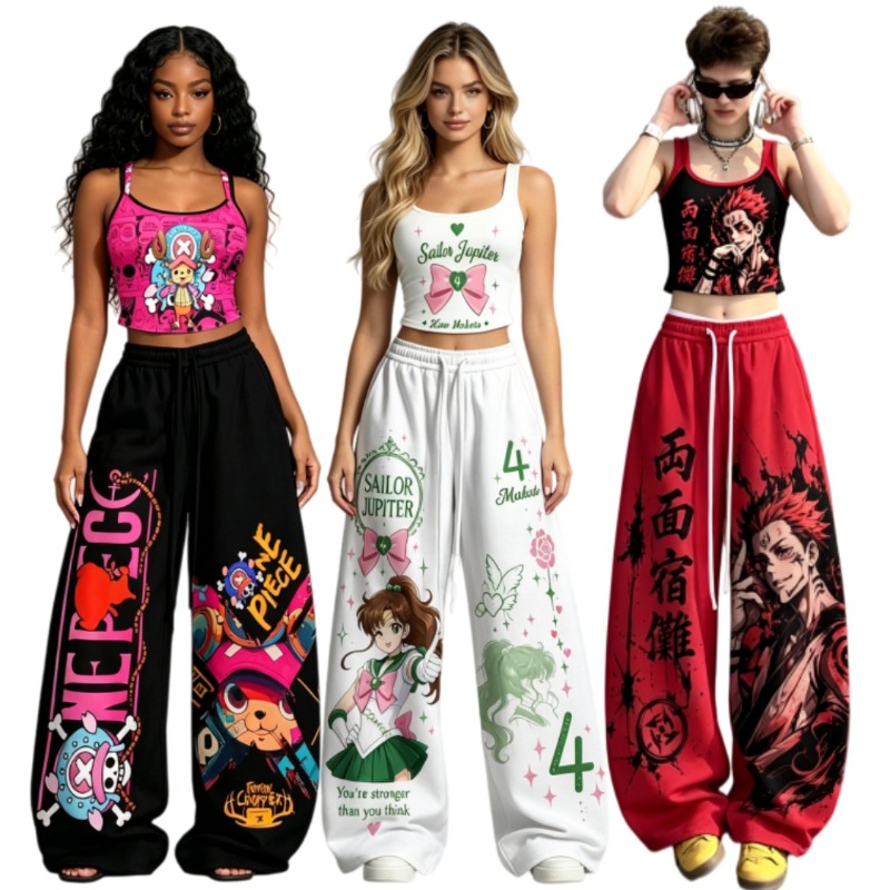 Street Fashion In Japan - ホットな男女向け日本アニメプリント2ピースアウトフィットY2Kストリートウェアクロップドタンクトップ+ワイドレッグパンツセットカジュアルスポーツウェアートラックスーツ