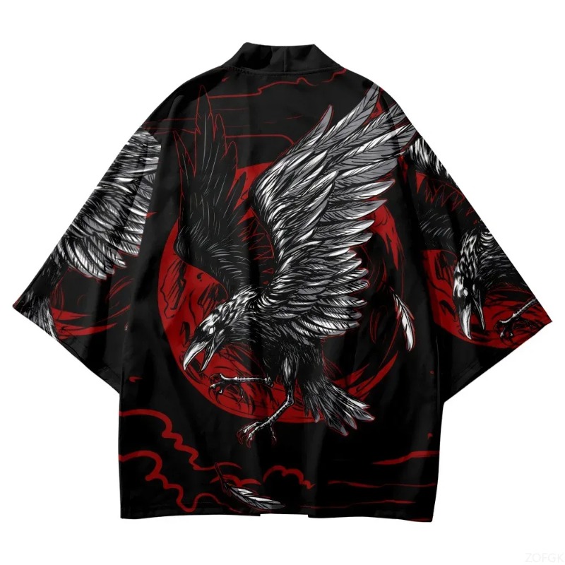 ファッション カラス プリント オープンフロント 着物 原宿 - Street Fashion Kimono のレビューと価格