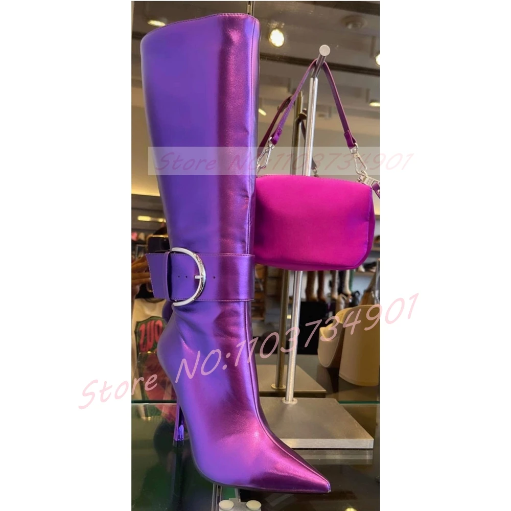ベルトバックルアンクルストラップ付きパープルシャイニーブーツ - Street Fashion Lady のレビューと価格