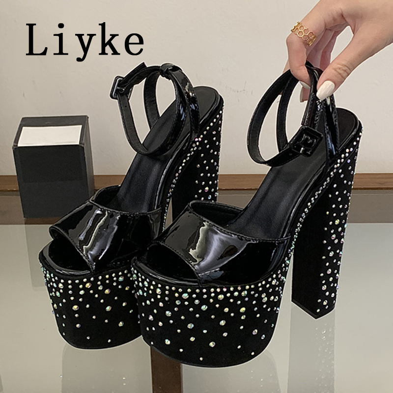 Liyke ファッションクリスタルラインストーン厚いハイヒー - Street Fashion Women のレビューと価格