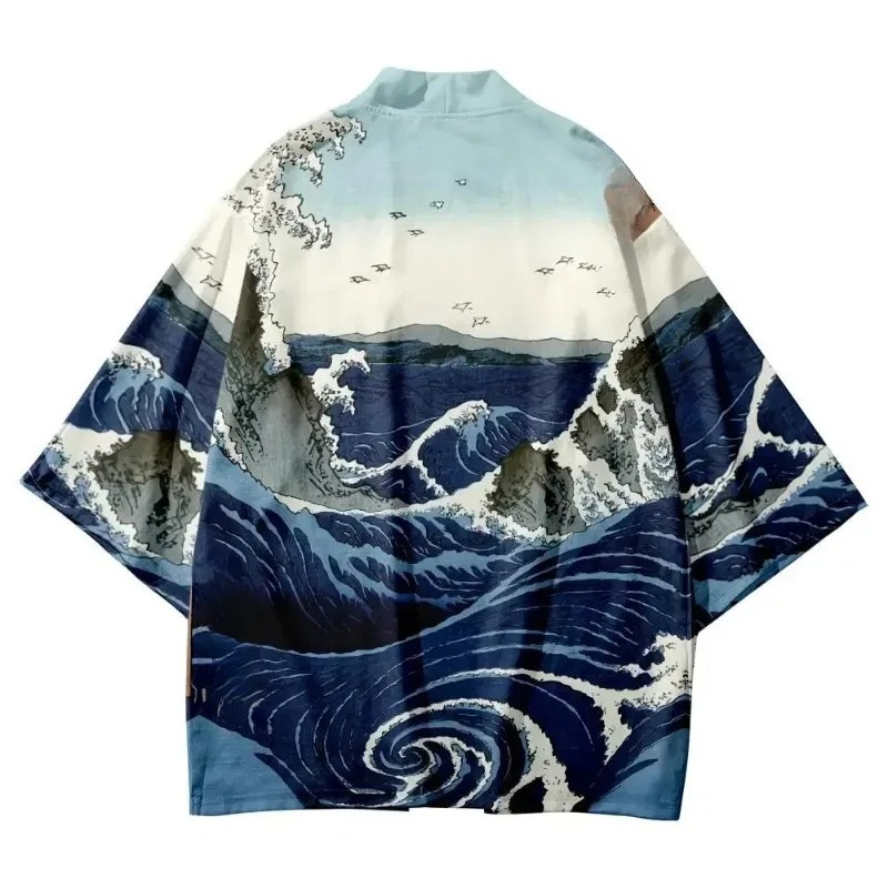 ファッショナブルな波模様プリントの伝統的な着物風ストリートウ - Street Fashion Kimono のレビューと価格