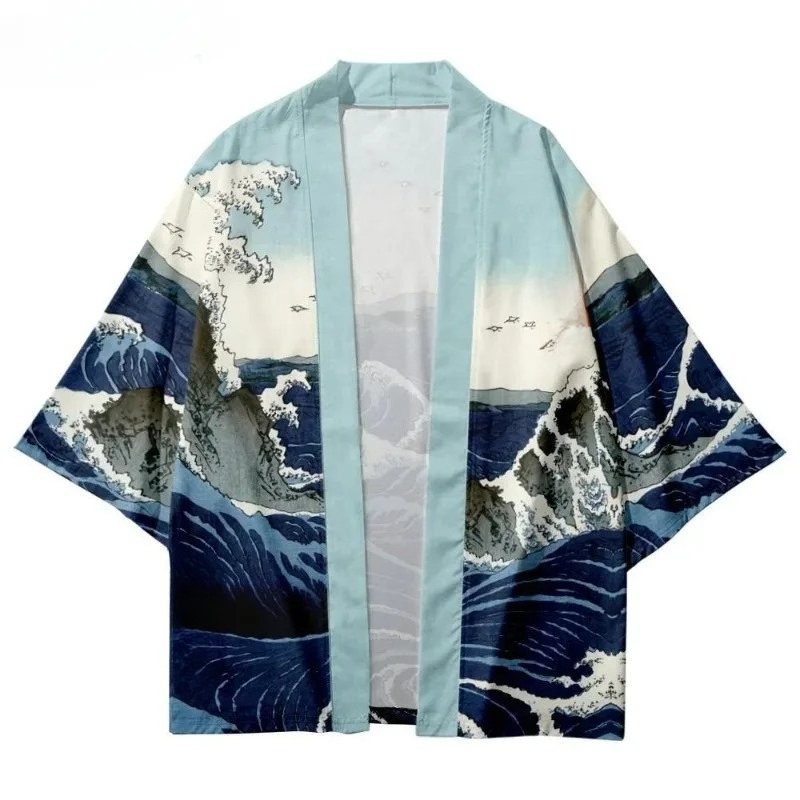 ファッショナブルな波模様プリントの伝統的な着物風ストリートウ - Street Fashion Kimono のレビューと価格