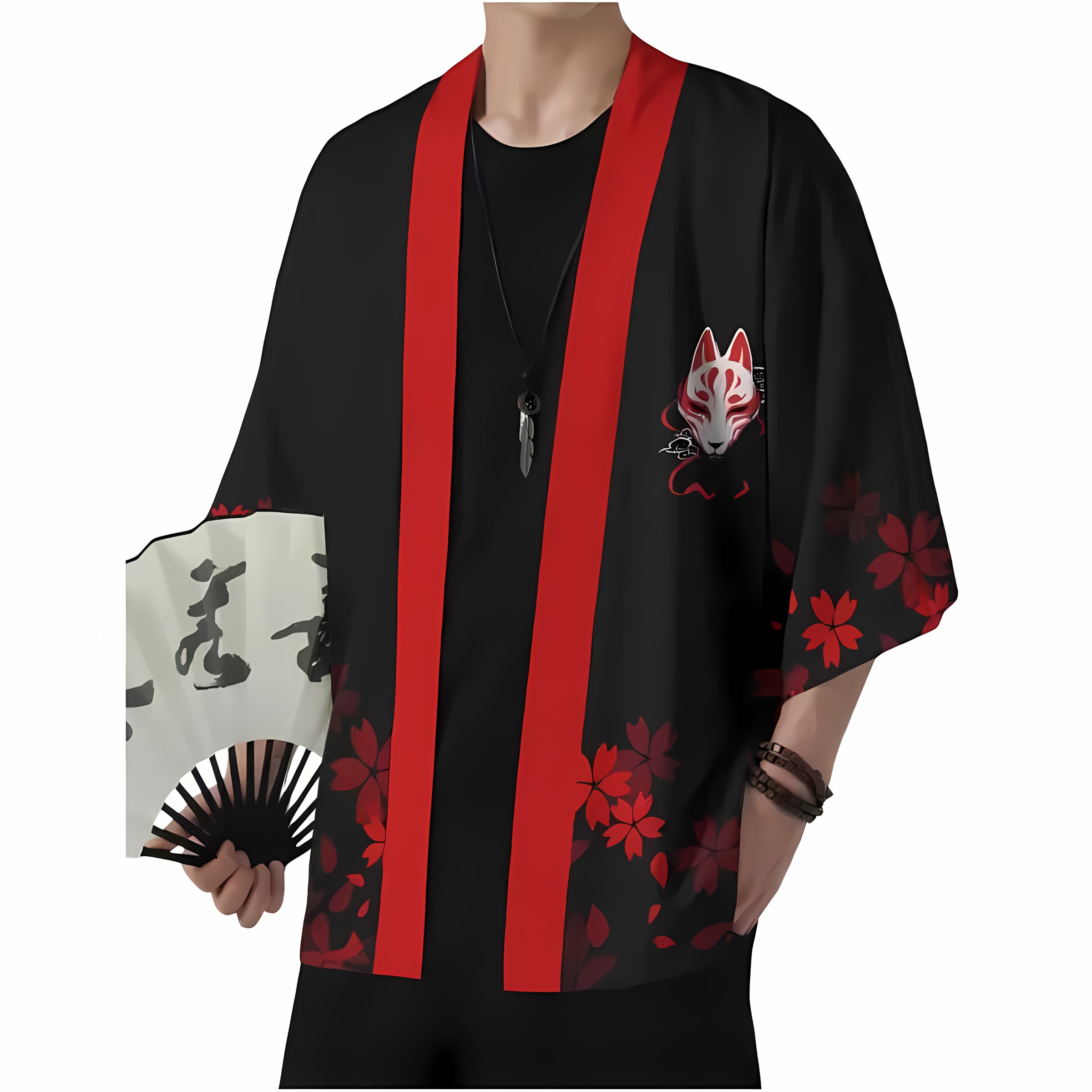 2026 夏の新スタイルメンズ着物 3D キツネマスクパター - Street Fashion Kimono のレビューと価格