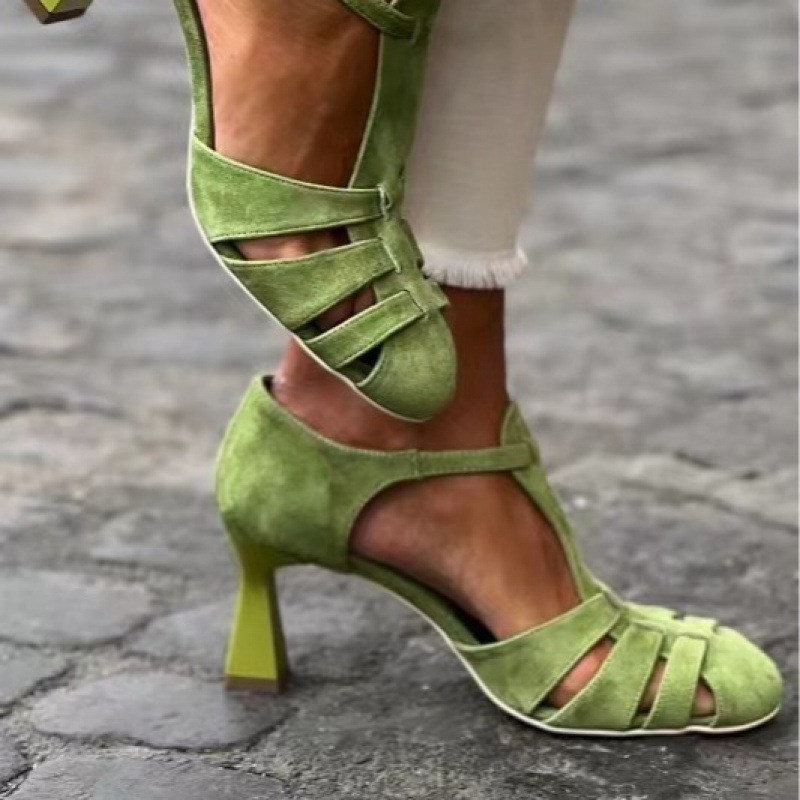レディース グリーン スエード キトゥンヒール Tストラップ - Street Fashion Dress のレビューと価格