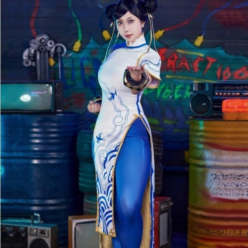 ゲーム春麗コスチュームストリートコスプレファイターブルーチャ - Street Fashion Dress のレビューと価格