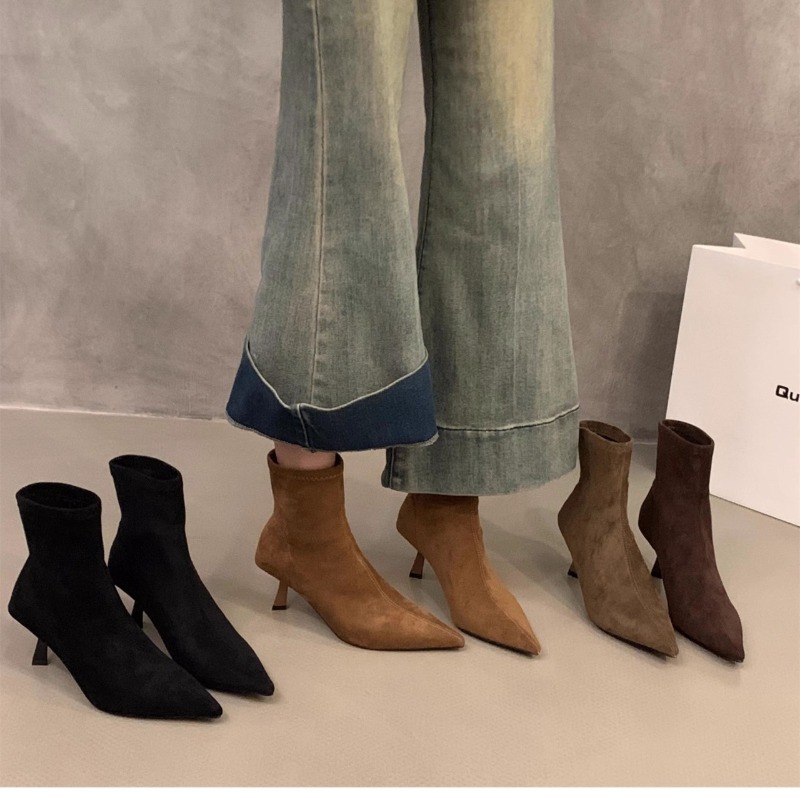 女性のスエードストレッチアンクルブーツポインテッドトゥ薄いス - Street Fashion Dress のレビューと価格