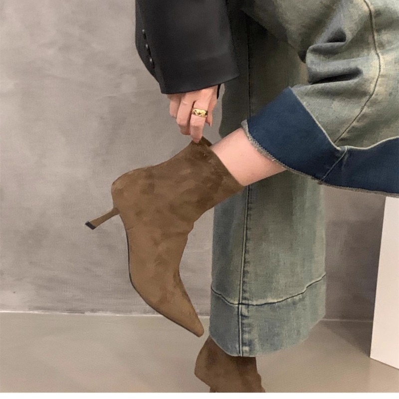女性のスエードストレッチアンクルブーツポインテッドトゥ薄いス - Street Fashion Dress のレビューと価格