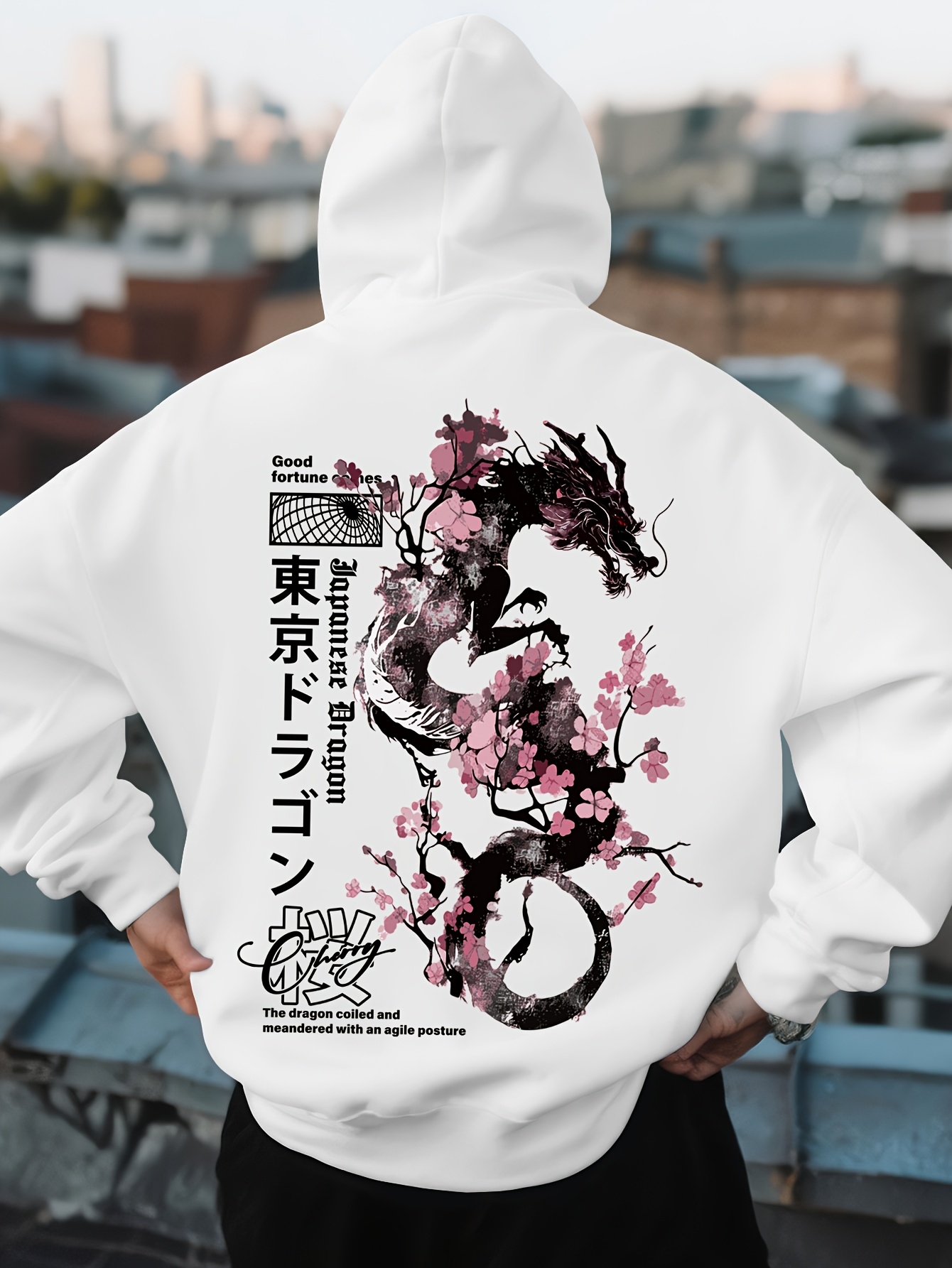 メンズヒップホップスポーツパーカー美的日本龍桜柄プリントレト - Street Fashion Asian のレビューと価格