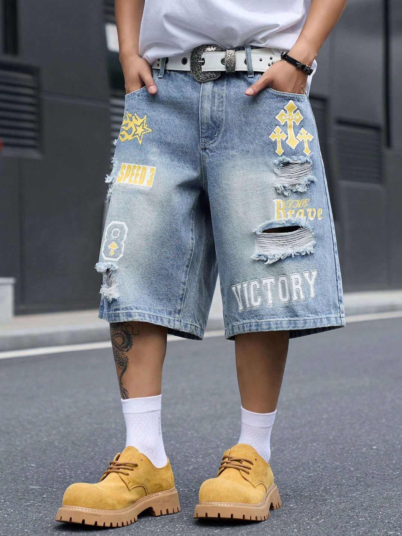 メンズ ルーズフィット デニム バミューダ ショーツ、ヴィン - Street Fashion Types のレビューと価格