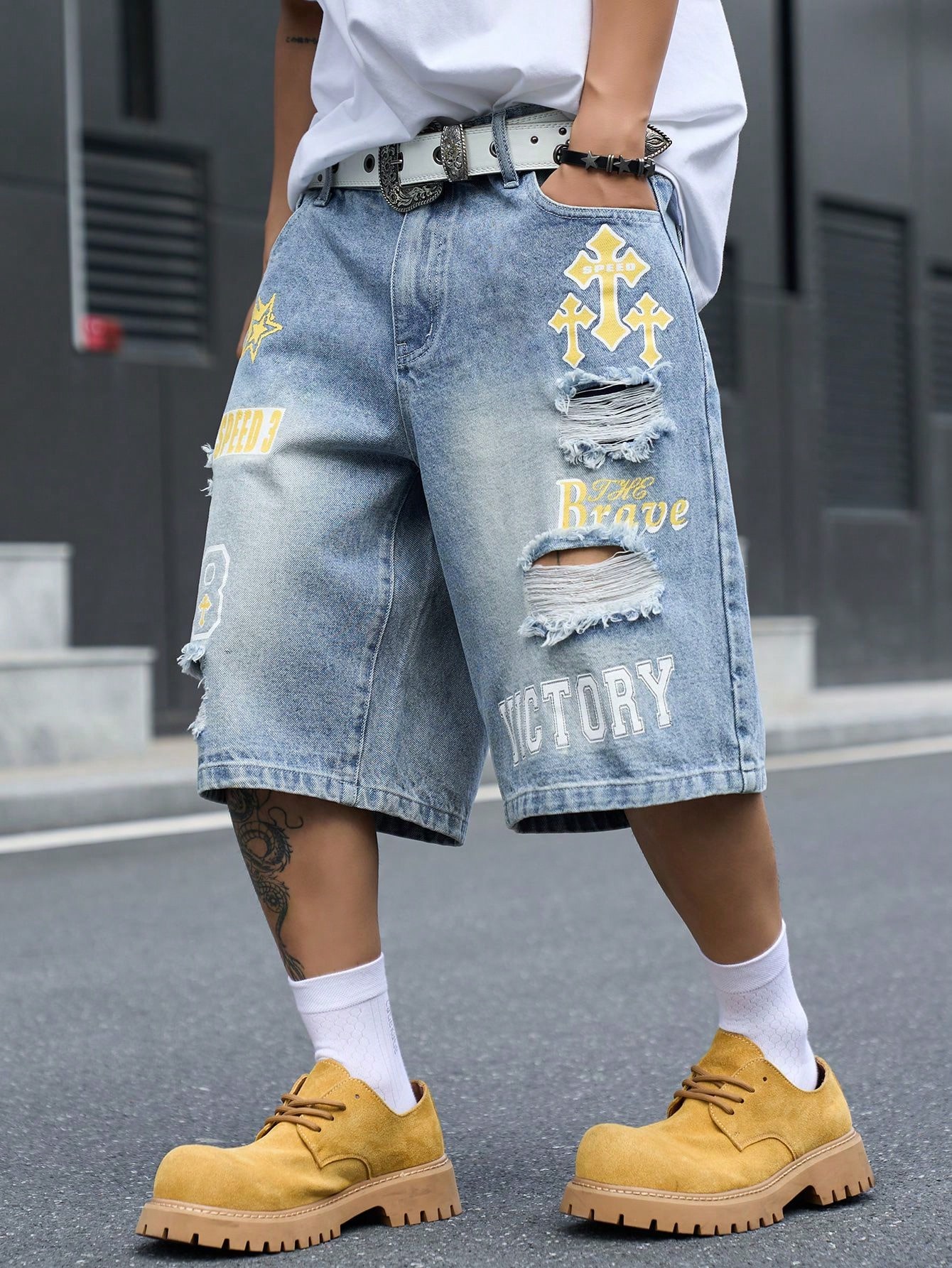 メンズ ルーズフィット デニム バミューダ ショーツ、ヴィン - Street Fashion Types のレビューと価格